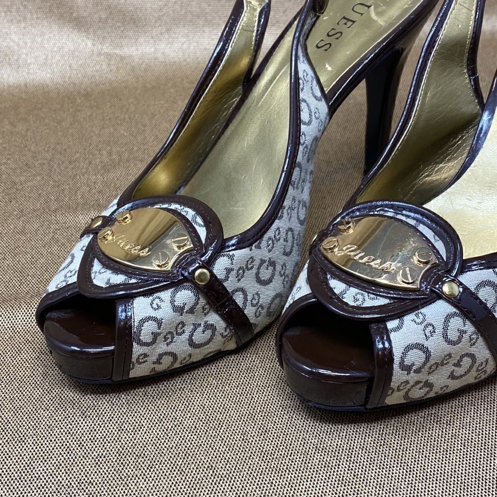 Guess Monogram Peep Toe Platform Slingback Heels - Picture 4 of 13